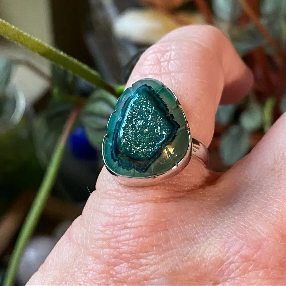 Mediterranean Green Carved Aura Druzy Sterling Silver Size 6.5